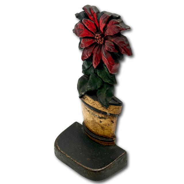 Metal Rare & Hard to Find Antique American Poinsetta Flower Pot Cast Iron Doorstop - Circa 1920s For Sale - Image 7 of 12