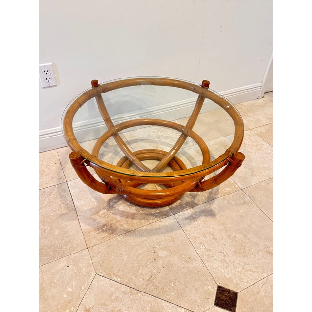 Vintage Sculptural Palm Beach Style Rattan Coffee Table With Round Glass Top, C. 1970s For Sale - Image 9 of 9