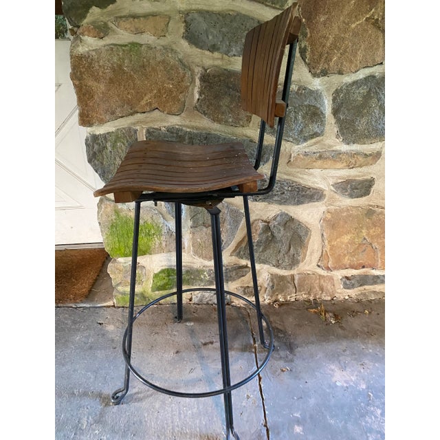 Mid-Century Modern Mid Century Modern Arthur Umanoff Counter Bar Stool Slat Back Bent Wood Swivel Industrial Chair 1963 For Sale - Image 3 of 12
