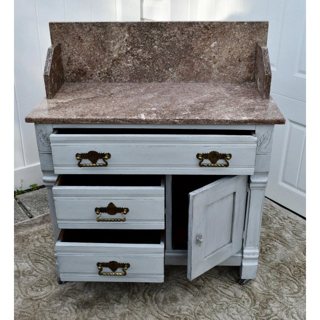 Gray Antique Walnut Washstand Commode Pink Marble Top Gray Cottage Distressed 1880s For Sale - Image 8 of 12