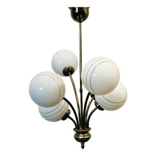 Hollywood Regency Opaline Chandelier with Gold Stripes from Massive, Belgium, 1980s For Sale