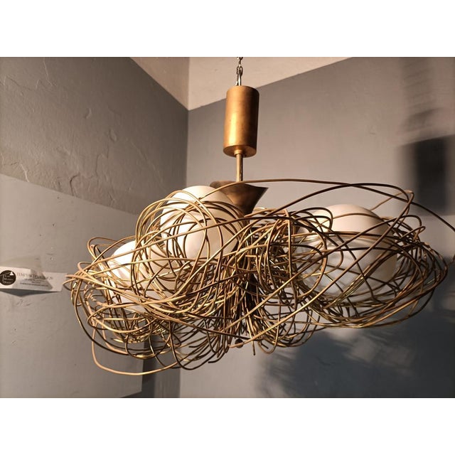 Metal Sculpture Chandelier Nest Model in Brass and Opaline Glass by Roberto Giulio Rida, 1990s For Sale - Image 7 of 9