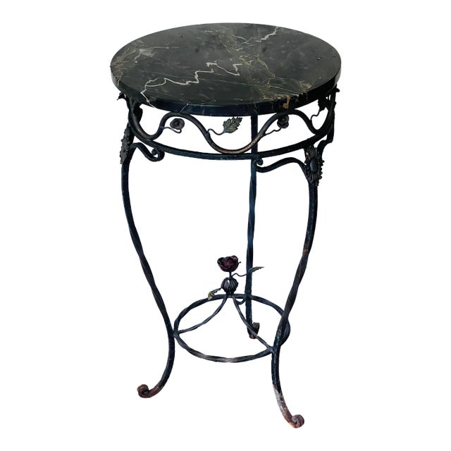 Antique Wrought Iron Floral Spanish Mission Italian Marble Accent Table