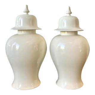 Vintage Glazed Ceramic Lidded Urns - A Pair For Sale