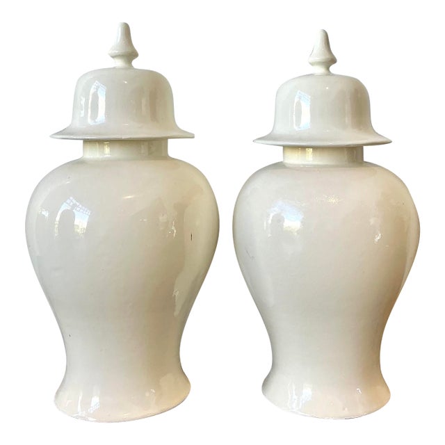 Vintage Glazed Ceramic Lidded Urns - A Pair For Sale