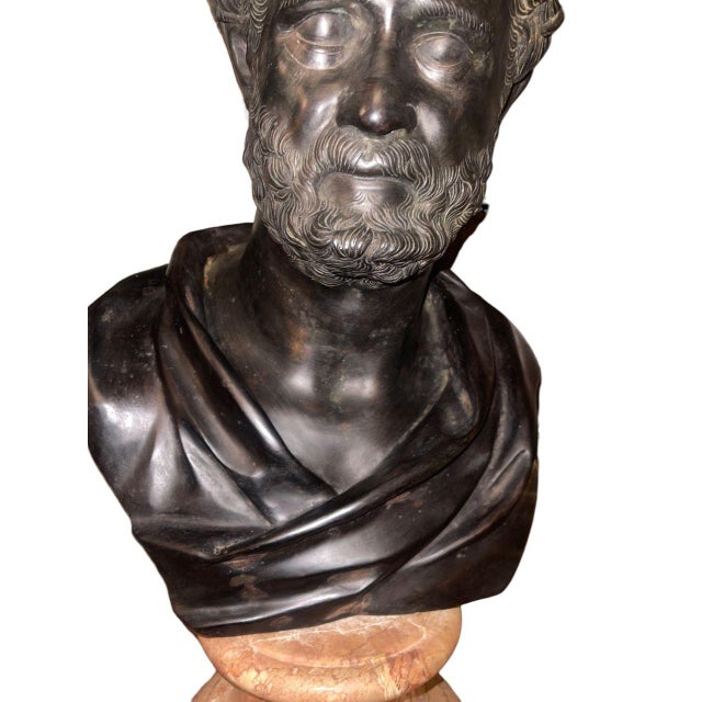 Metal Late 19th C. Italian Bronze Busts of Heraclitus & Archytas on Marble Pedestals - Set of 2 For Sale - Image 7 of 10