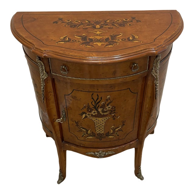 1990s Demi-Lune Accent Cabinet Italian Neoclassical Style Faux Marquetry For Sale