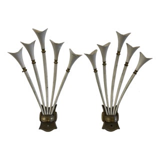 Vintage White Wall Lights in Brass, 1950, Set of 2 For Sale