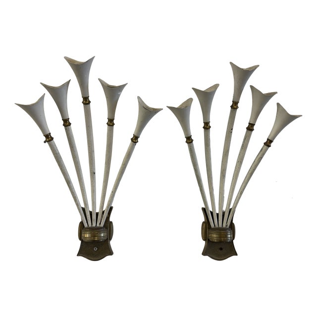 Vintage White Wall Lights in Brass, 1950, Set of 2 For Sale