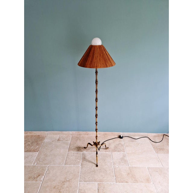 Mid-Century Modern Brass Floor Lamp with Rattan Lampshade, 1950s For Sale - Image 12 of 18