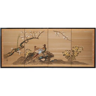 1960s Vintage Japanese Pheasant Byobu Screen For Sale
