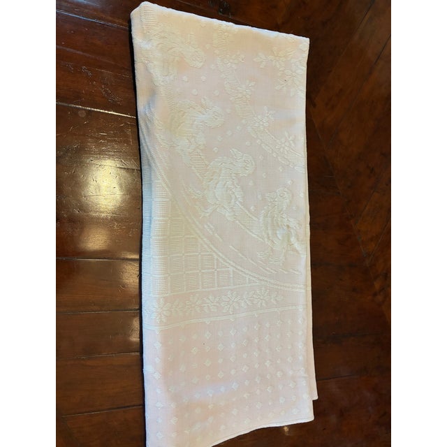 Easter /Spring Square Cotton Pink and White Tablecloth With a Design of Ducks, Daisies, Dots and Squares For Sale - Image 4 of 5