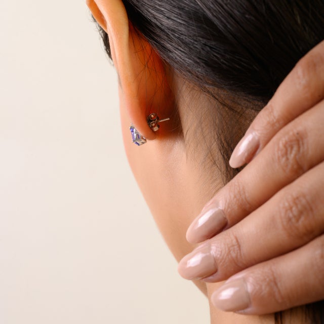 Metal Vintage Emerald Cut Tanzanite & Diamond Stud Earrings in Sterling Silver- A Pair For Sale - Image 7 of 13