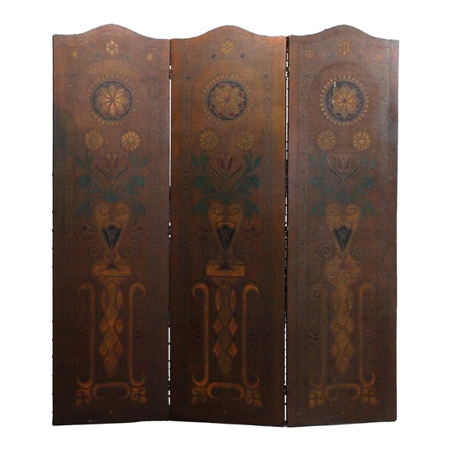 Arts & Crafts Tooled Leather Three Panel Screen 20thC For Sale