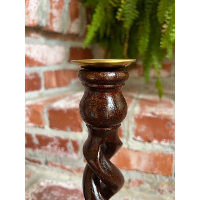 Pair Set Antique English Oak Open Barley Twist Candlesticks Candle Holder Brass For Sale - Image 11 of 12