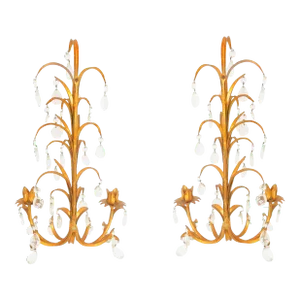 Vintage 1970s Italian Gilt Metal 2-Arm Candle Sconce With Glass Prisms - a Pair