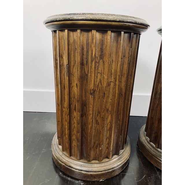 Vintage Neoclassical Style Marble Top Wooden Pedestal Side Tables—A Pair For Sale - Image 11 of 14