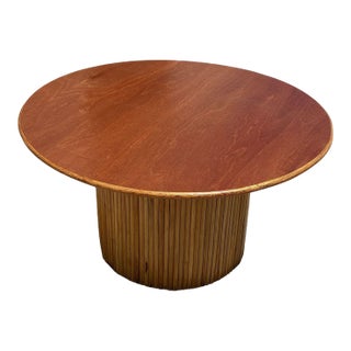 1950s Costal Round Stacked Rattan Pedestal Dining Table Mahogany Top, 2 Available For Sale