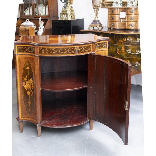 One of a Pair of English Satinwood, Mahogany and Painted Serpentine Cabinets, Mid 19th Century For Sale - Image 11 of 12
