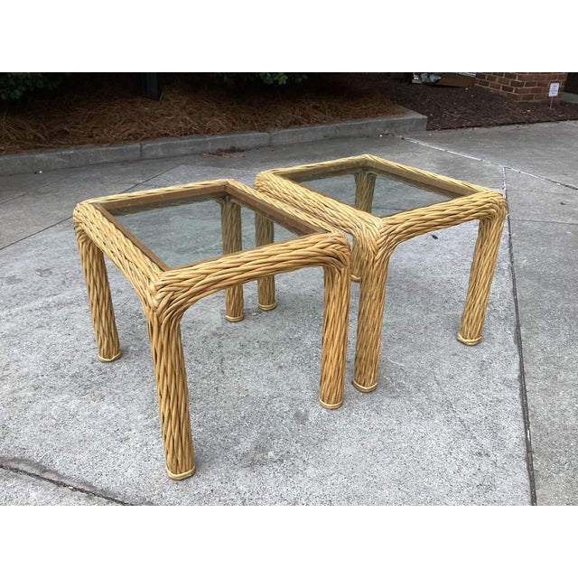 Contemporary Pair of Mid Century Pencil Reed and Rattan Side Tables With Glass Tops For Sale - Image 3 of 8