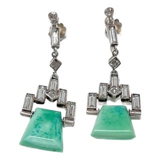 Art Deco 1920s Sterling Silver, Paste and Green Glass Vintage Drop Earrings - 2 pieces For Sale