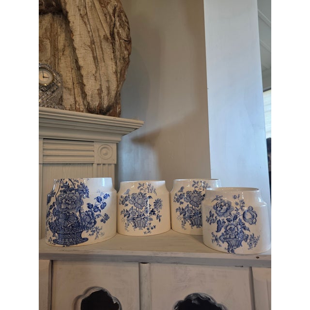 Wood Four Vintage English Blue and White Storage Canisters For Sale - Image 7 of 17