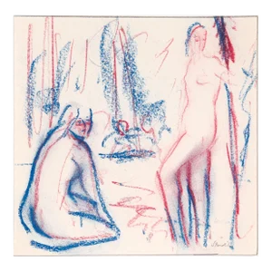 Red & Blue Figurative Pair 20th Century Pastel