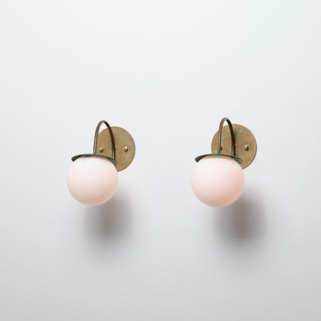 1950s Vintage Italian Brass Wall Lamps with Green Details and Opaline Globes, 1950s, Set of 2 For Sale - Image 5 of 15
