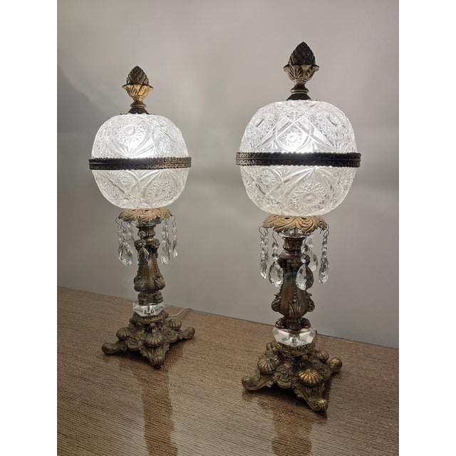 Mid-20th Century Hollywood Regency Crystal Globe Table Lamps - a Pair For Sale - Image 9 of 11
