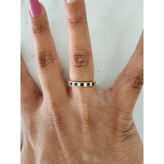 Princess Cut Diamond & Sapphire Wedding Band 14k Yellow Gold, Size 8.5 For Sale - Image 4 of 4
