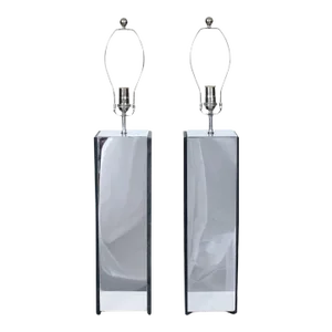 1960s Laurel Lamp Co. Style Charcoal Slate & Polished Aluminum Table Lamps - A Pair