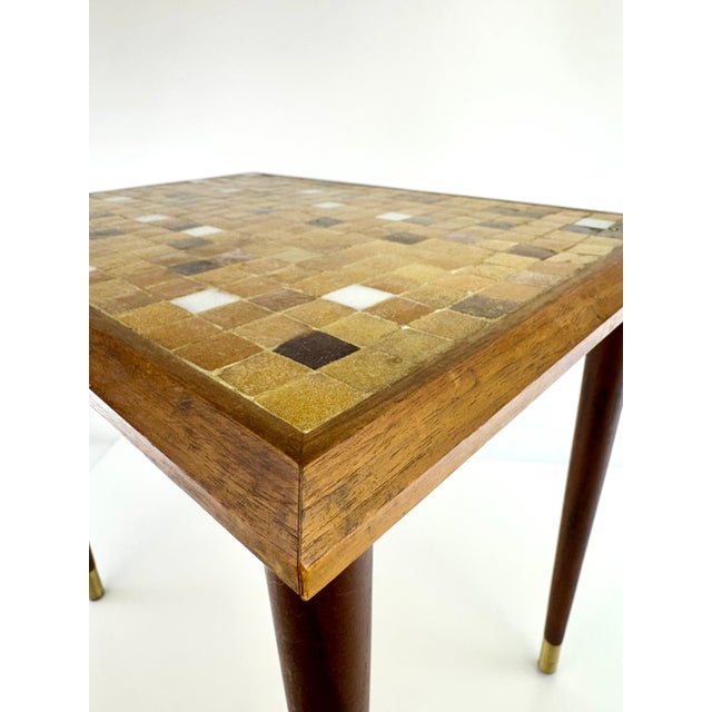1960s Danish Modern Mid-Century Mosaic Tile Top Side Table With Tapered Legs & Brass Sabots For Sale - Image 5 of 9