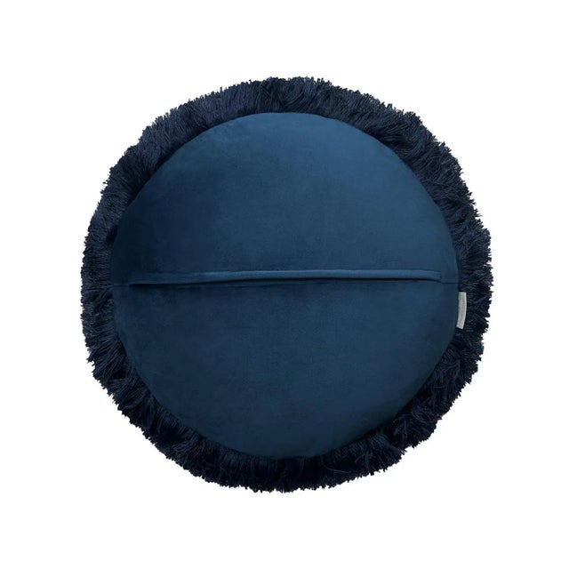 Hollywood Regency The Macaron, Fringed Velvet Circle Pillow, Navy Blue For Sale - Image 3 of 5