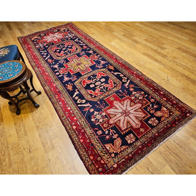 Navy Blue Vintage Persian Hamadan Gallery Rug, Hand-Knotted Wool, Geometric Bird Motifs Design, Navy & Red, 5’ X 11’ For Sale - Image 8 of 14