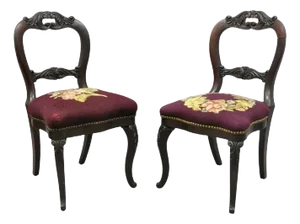Late 19th Century Antique Eastlake Victorian Carved Mahogany Needlepoint Parlor Side Chairs - Pair