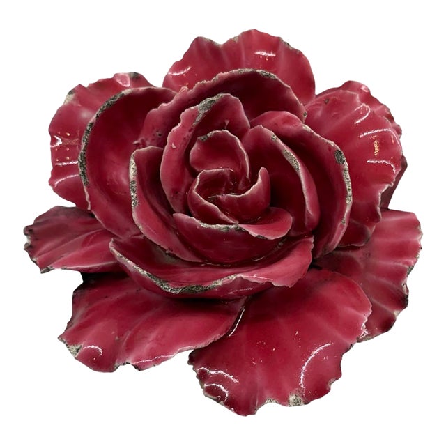 Antique French Pink Porcelain Rose Flower Sculpture With Green Leaves For Sale