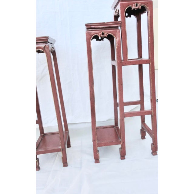 Chinese Chinese Red Lacquer Tall Plant Tables - A Pair of 2 For Sale - Image 3 of 17