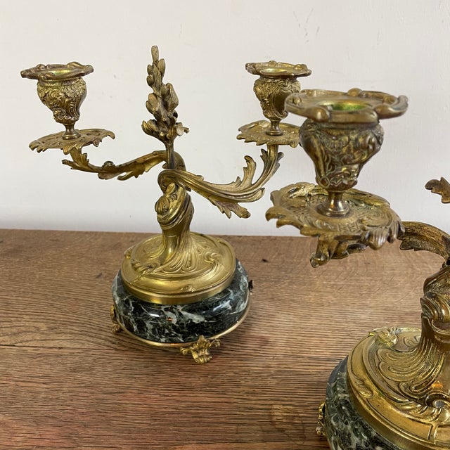 Metal Chiseled Gilt Bronze Candelabras on Marble Bases, 1890s, Set of 2 For Sale - Image 7 of 13