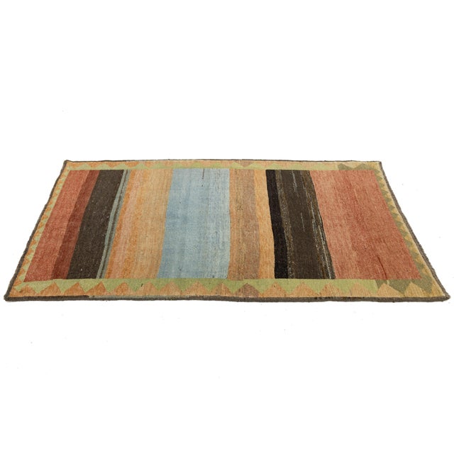 Blue Multicolor Modern Striped Gabbeh Hand-Knotted Wool Rug 4x7 For Sale - Image 8 of 8