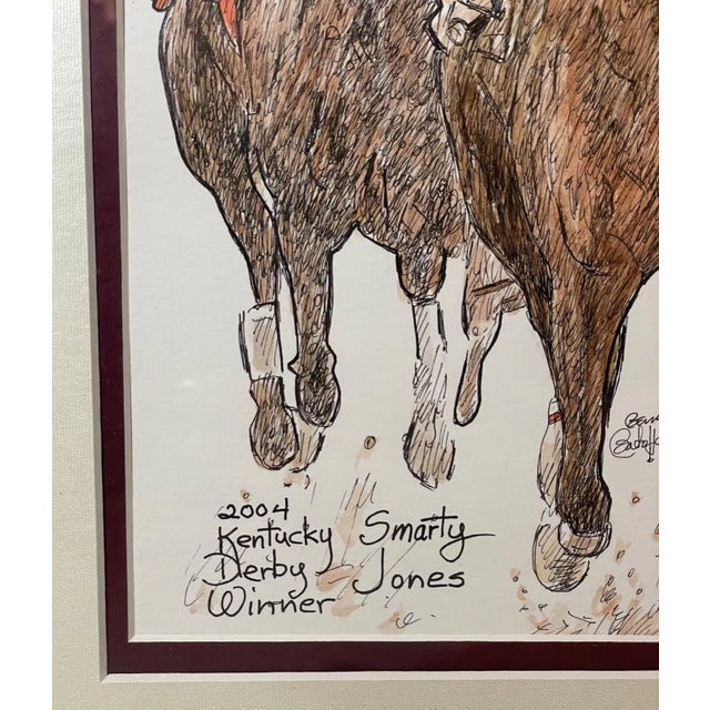 Brown 1980s Kentucky Derby Bernice Batoff Smarty Jones Horse Jockey Watercolor Ink Painting For Sale - Image 8 of 12