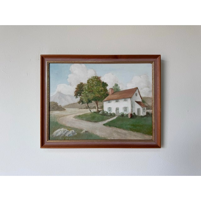 Mid-Century Modern 1980’s Vintage Country House Landscape Oil on Artist Board Painting, Wood Framed – Unsigned For Sale - Image 3 of 9