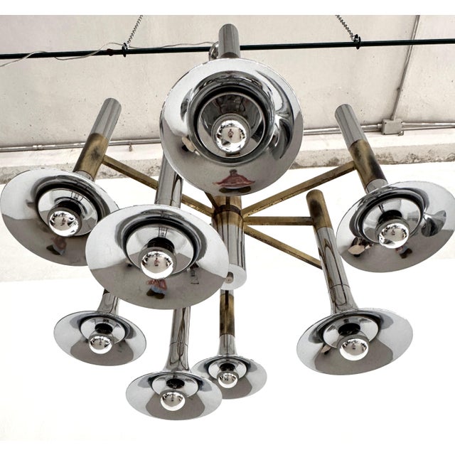 1970s Large Italian Chrome and Brass Trumpet Chandelier attributed to Lumi Milano, 1970s For Sale - Image 5 of 18