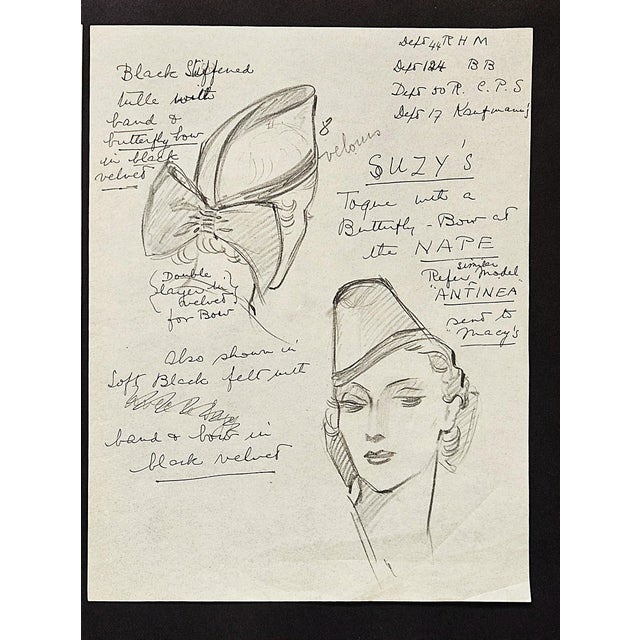 Art Deco C1935 Set of 2 French Original Hat Design Fashion Drawings for Reboux, Suzy For Sale - Image 3 of 5