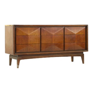 United Diamond Mid Century Walnut Lowboy 9 Drawer Dresser For Sale