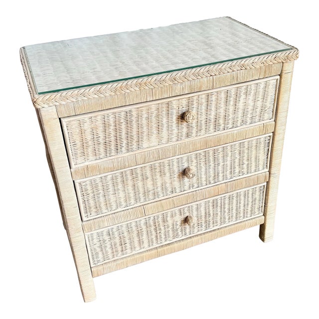 1980s Boho Chic White Washed Wicker Glass Top Chest of Drawers For Sale
