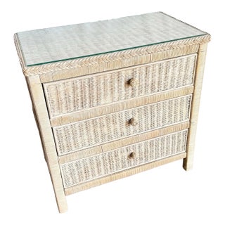 Boho Chic White Washed Wicker Glass Top Chest of Drawers For Sale
