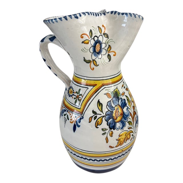 Vintage Spanish Colonial Hand-Painted Faience Pitcher From Talavera For Sale
