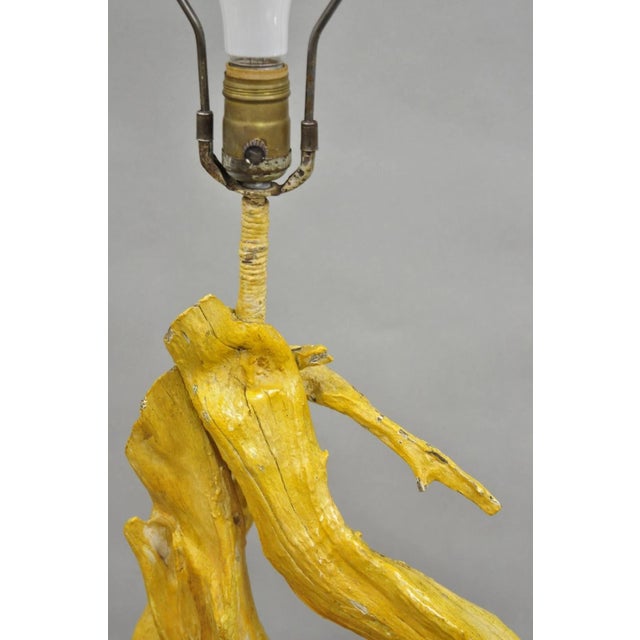 Mid 20th Century Vintage Mid Century Modern Large Driftwood Yellow Painted Tiki Room Table Lamp For Sale - Image 5 of 12
