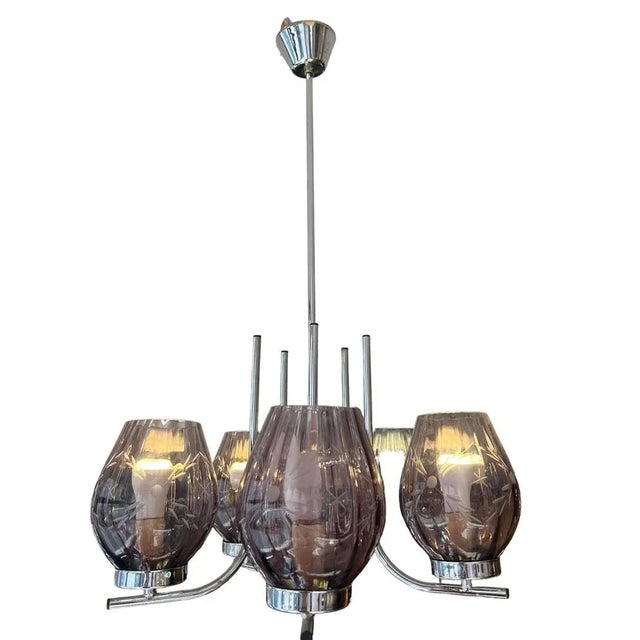 Chandelier with chrome base with 5 arms 5 lights with 5 purple chopped glass tulips European Plug (up to 250V).The wiring...
