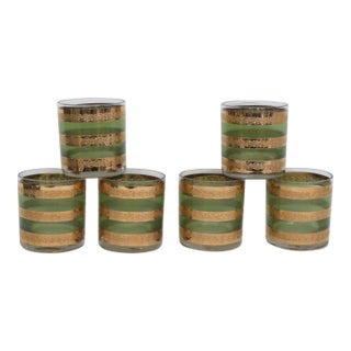 Mid Century Culver Starlyte 22k Gold Gilded Green Striped Rocks Glass 4604b For Sale